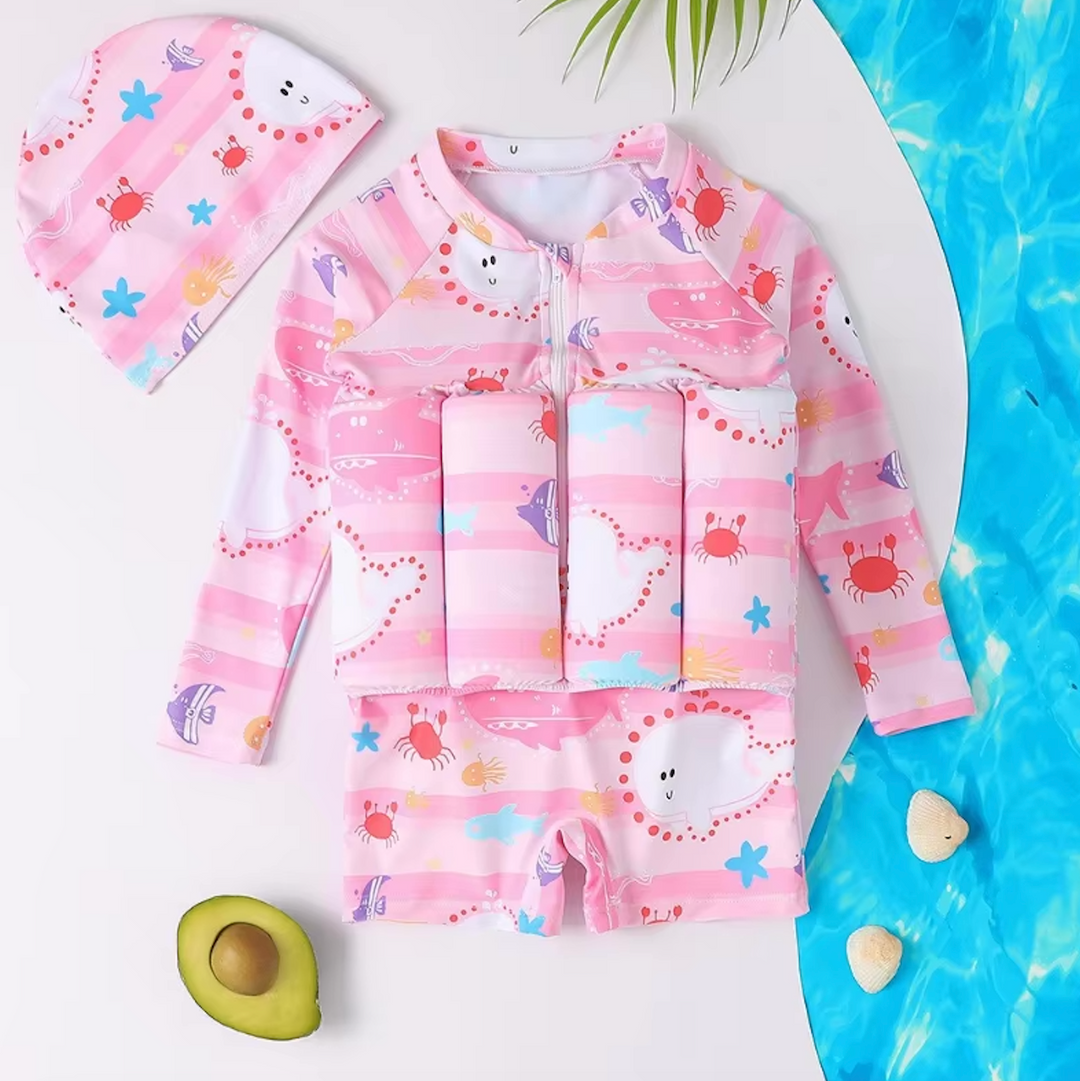 Durable toddler float vest with SPF 50+ sun protection for aquatic fun.