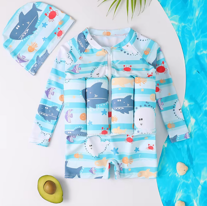 Comfortable toddler swim vest with built-in shorts & advanced SPF 50+.