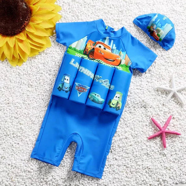 Children's float vest with integrated shorts, offering maximum sun protection.