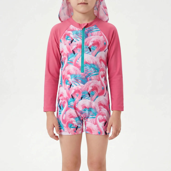 Girls' long sleeve floral flamingo rash guard swimsuit and sun hat. UPF 50+ swimwear for toddlers.