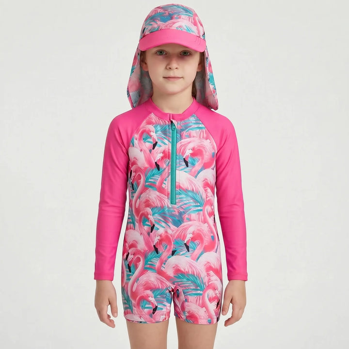 Summer ready toddler girls' floral long sleeve rash guard swimsuit with sun hat for sun-protected play.