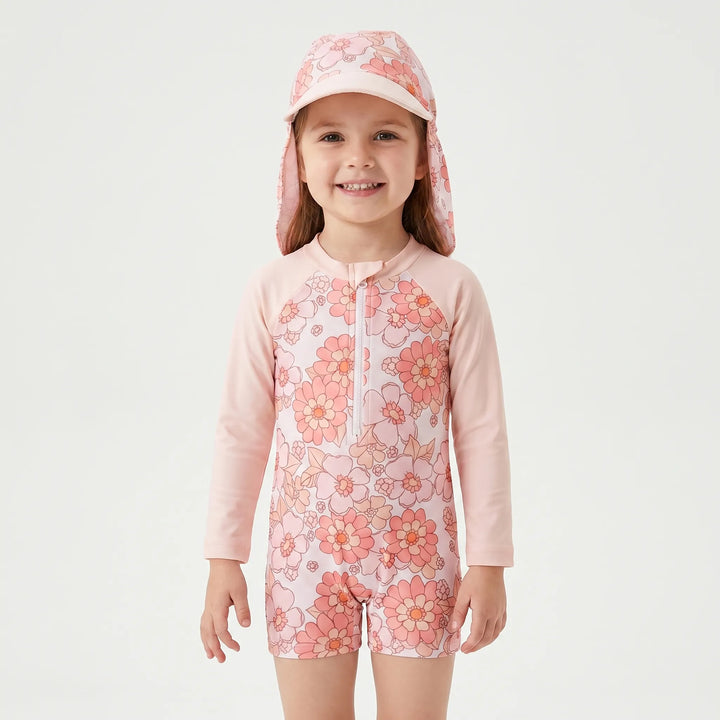 Stylish floral long sleeve rash guard swimsuit and wide-brim sun hat for toddler girls' swimwear.