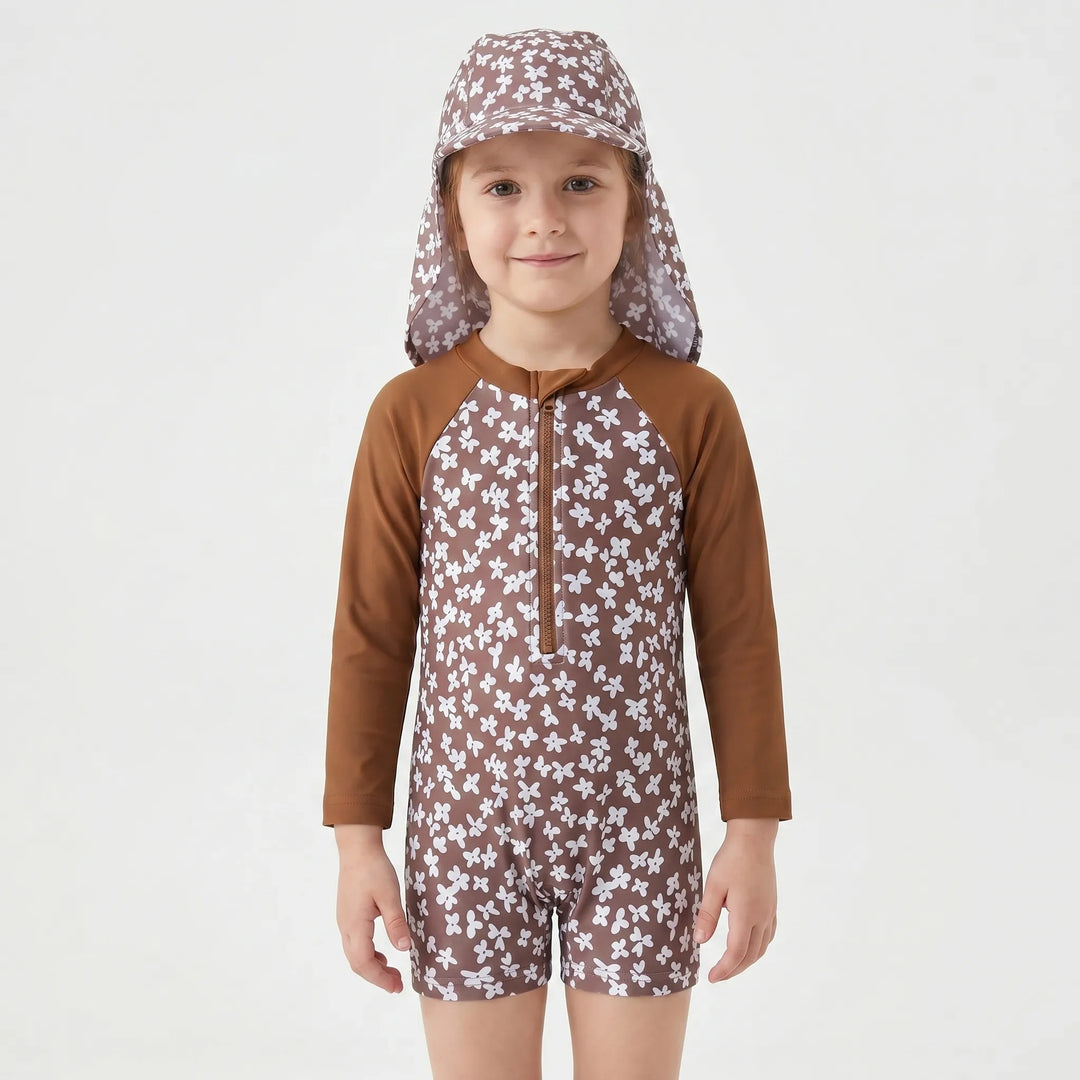 Cute floral print toddler girls' long sleeve rash guard swimsuit and sun protection hat set for pool/beach.
