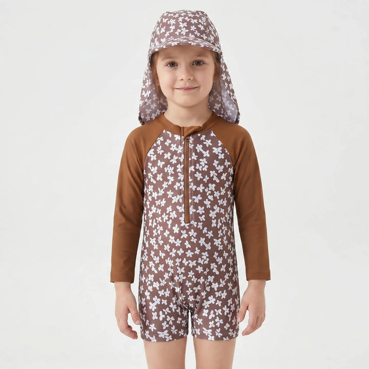 Cute floral print toddler girls' long sleeve rash guard swimsuit and sun protection hat set for pool/beach.