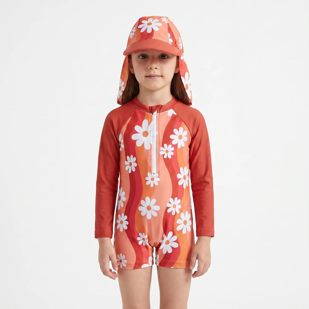 Toddler girls' long sleeve UV protection floral rash guard swimsuit and sun hat. Ideal kids' swimwear.