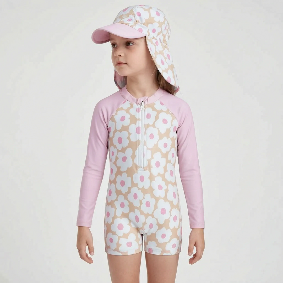 Complete toddler girls' floral long sleeve rash guard swimsuit and sun hat outfit for ultimate sun safety.