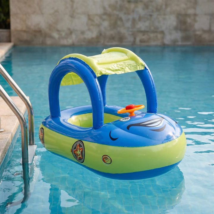 Toddler inflatable car pool float with steering wheel, horn, & sun shade for safe kids' water play.
