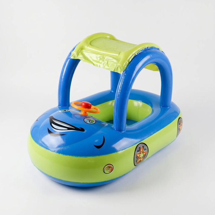 Safe toddler pool float with sun shade & car design. Perfect baby water toy for summer fun & pool safety.