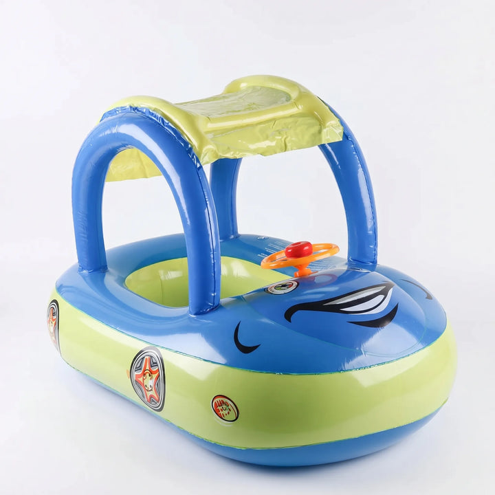 Children's inflatable car float with sun shade. Essential water toy for toddler pool fun, beach, & summer safety.