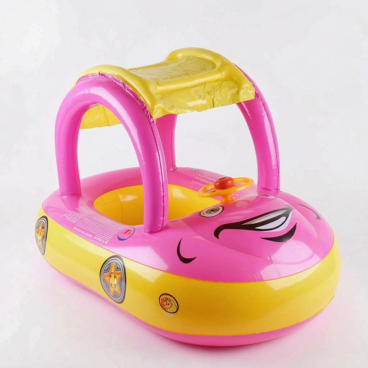 Interactive toddler car pool float with sun canopy, steering wheel & horn. Fun baby water toy for secure splash time.
