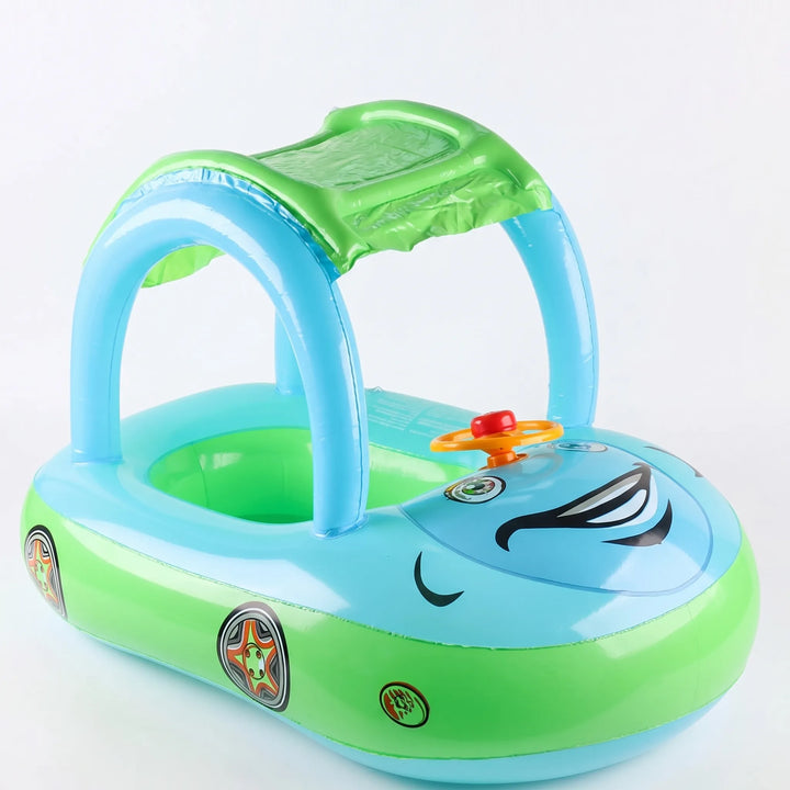 Durable toddler inflatable pool float with sun shade. Provides sun protection & fun for kids in water.