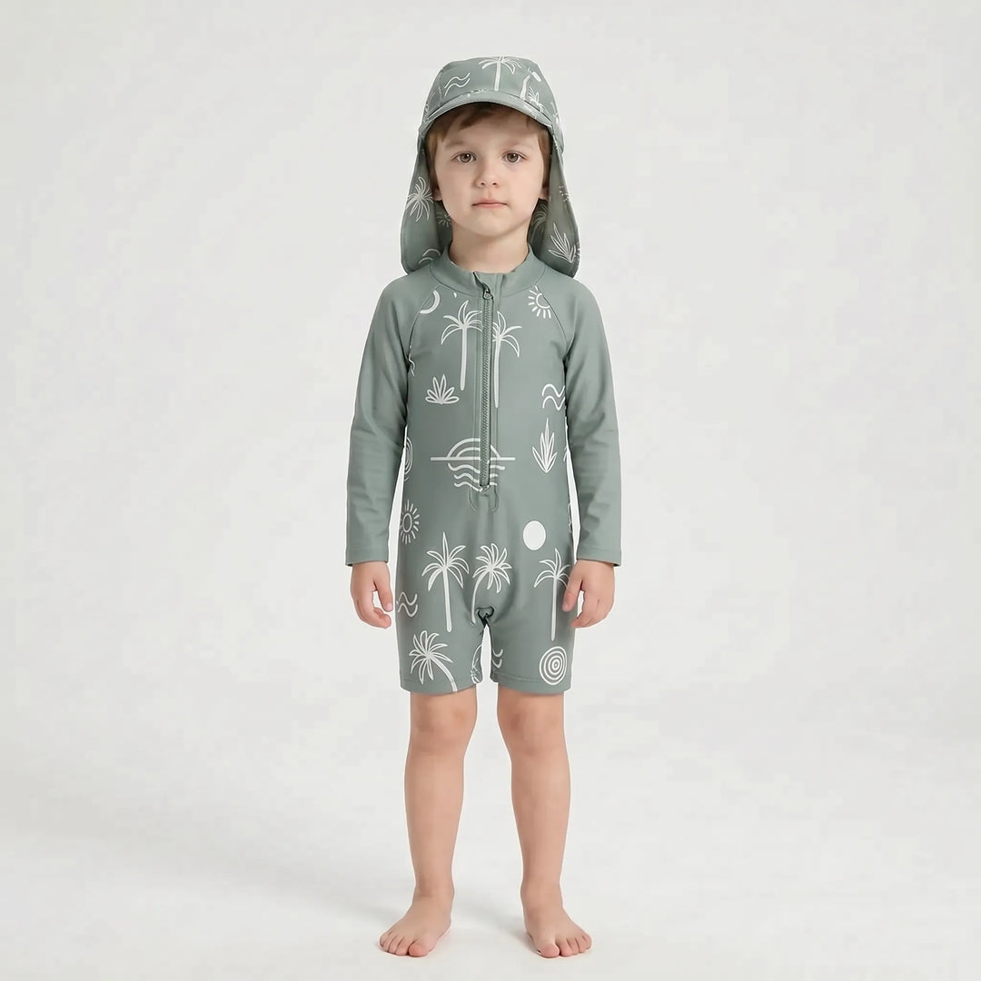 Kids long-sleeve rash guard toddler swimsuit & sun hat set. UPF 50+ baby swimwear for beach & pool.