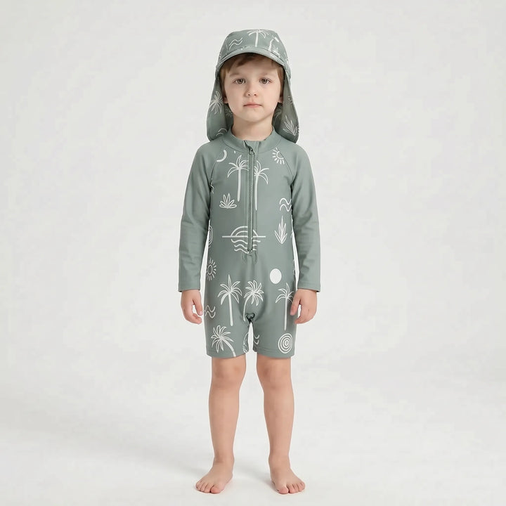 Kids long-sleeve rash guard toddler swimsuit & sun hat set. UPF 50+ baby swimwear for beach & pool.