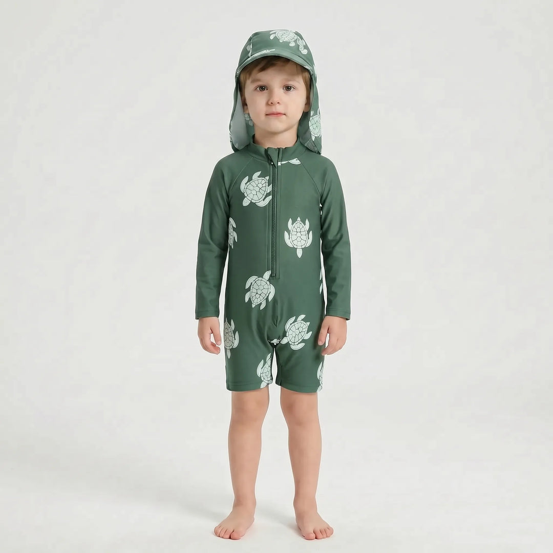 Sun-blocking long-sleeve rash guard toddler swimsuit with a matching wide-brim swim hat for ultimate protection.