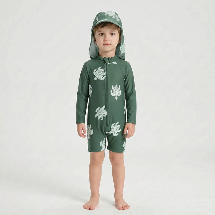 Sun-blocking long-sleeve rash guard toddler swimsuit with a matching wide-brim swim hat for ultimate protection.