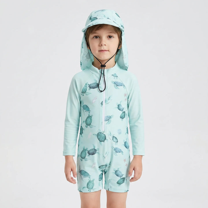 UPF 50+ toddler long-sleeve rash guard swimsuit & matching sun protection swim hat. Ideal for baby swimwear.
