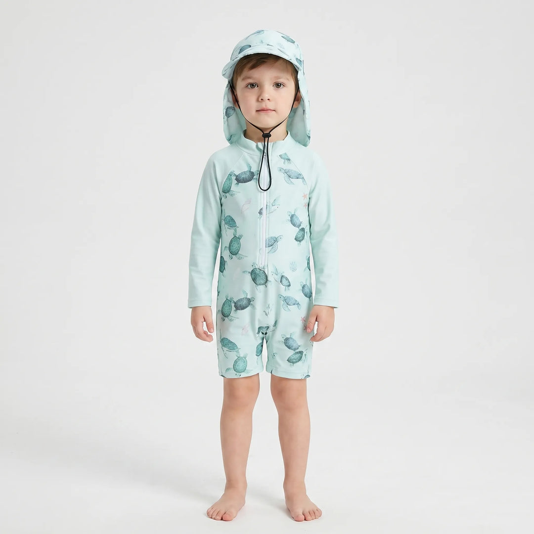 Quick-dry long-sleeve rash guard toddler swimsuit with comfortable fit & matching sun hat for summer fun.