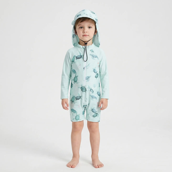 Quick-dry long-sleeve rash guard toddler swimsuit with comfortable fit & matching sun hat for summer fun.