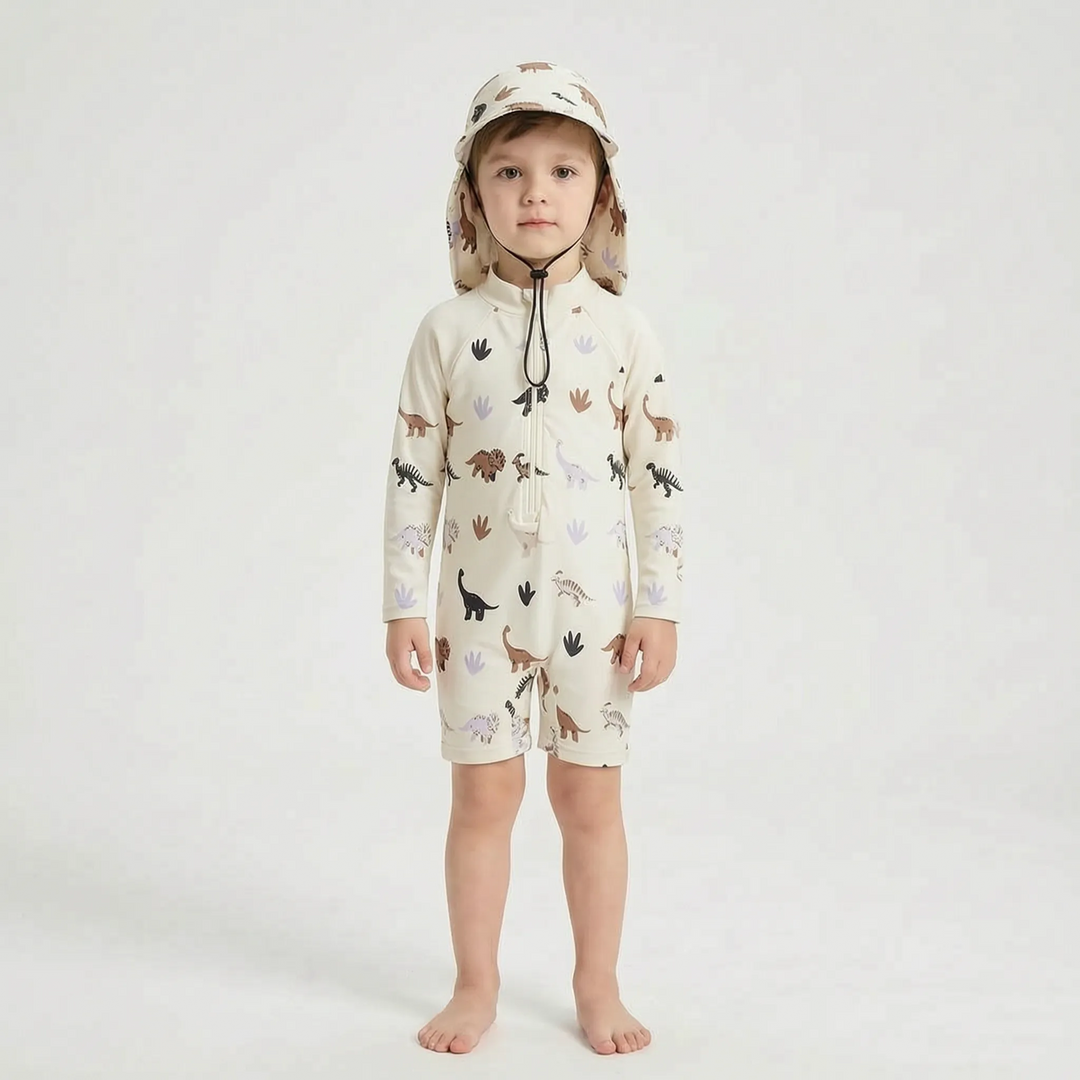 Stylish long-sleeve rash guard swimsuit set for toddlers, with a coordinated sun hat, ideal summer outfit.