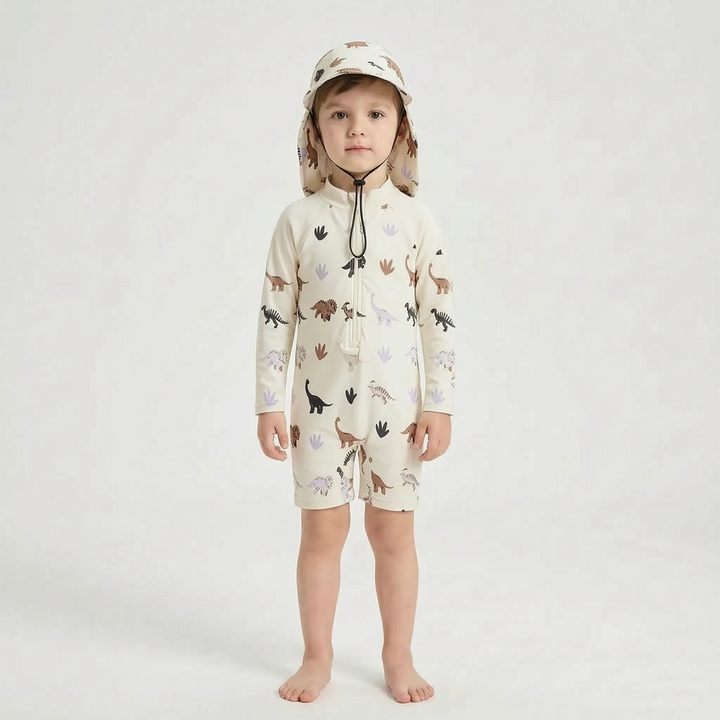 Stylish long-sleeve rash guard swimsuit set for toddlers, with a coordinated sun hat, ideal summer outfit.