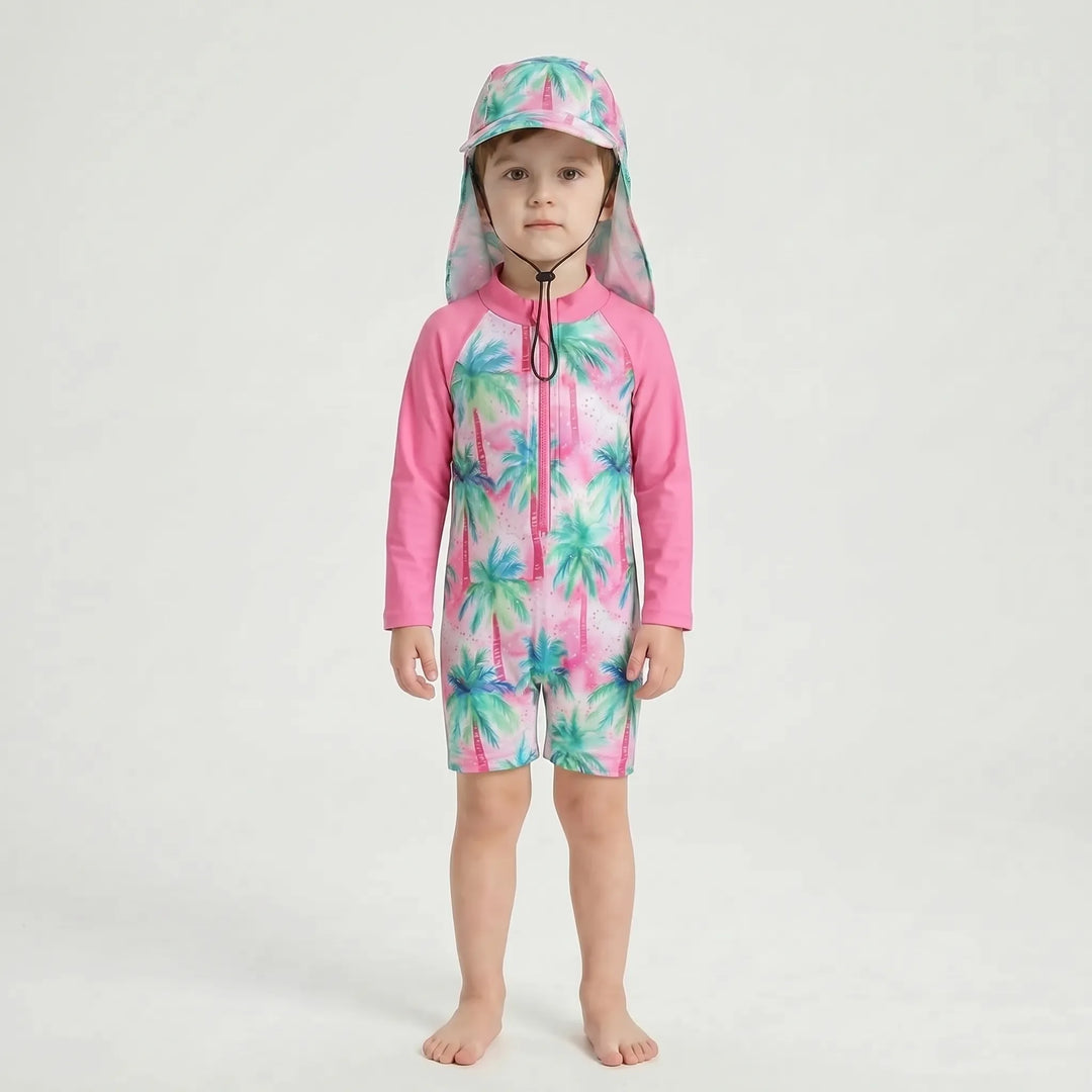 Complete toddler long-sleeve rash guard swimsuit & swim hat set, offering full sun protection for infants.