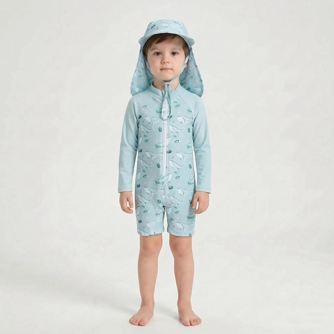 Beach-ready toddler long-sleeve rash guard swimwear set with a protective hat for sunny outdoor adventures.