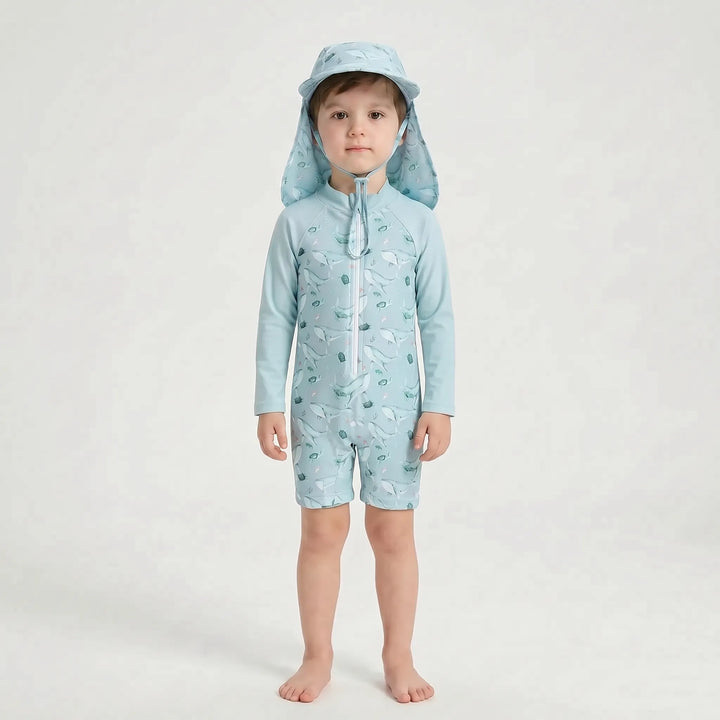 Beach-ready toddler long-sleeve rash guard swimwear set with a protective hat for sunny outdoor adventures.