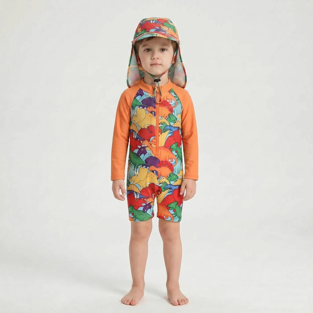 Infant long-sleeve rash guard swimsuit set for babies, with a protective swim hat for ultimate comfort.