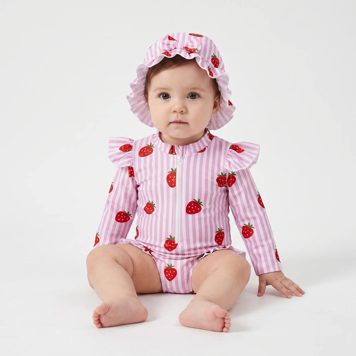 Printed toddler long-sleeve swimsuit with front zipper, sun hat. Kids beachwear for easy changing & summer fun.