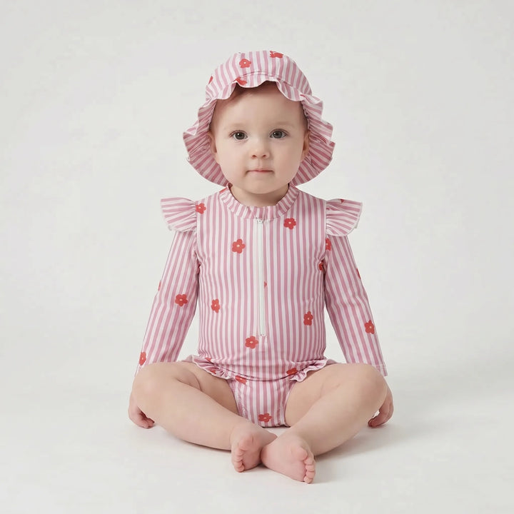 Toddler long-sleeve rashguard swimsuit & sun hat. Complete kids summer beachwear with zipper for easy dressing.