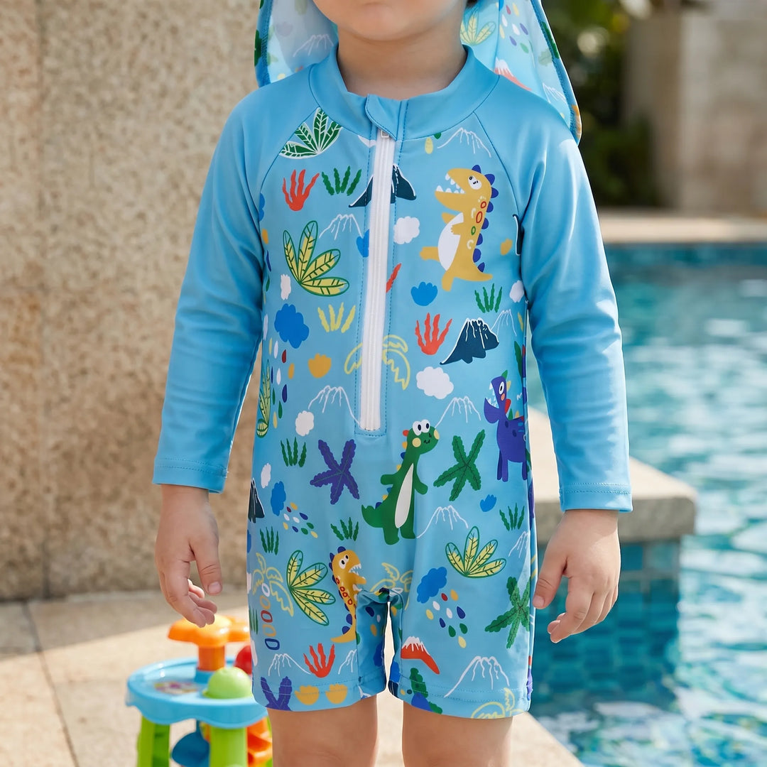 Toddler long sleeve swim set with flap hat for ultimate sun protection during beach or pool play.