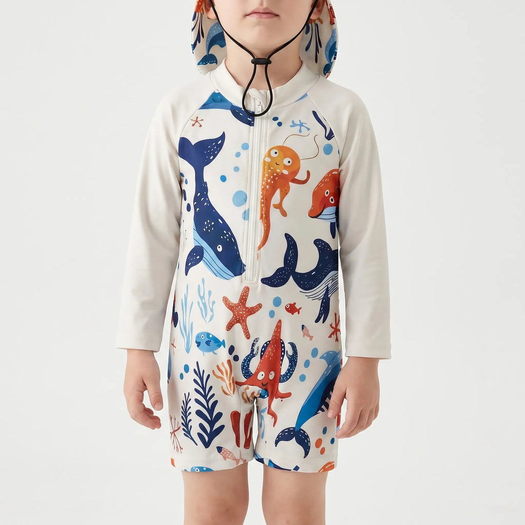 Durable toddler long sleeve swim set with flap hat provides full coverage sun protection for active play.