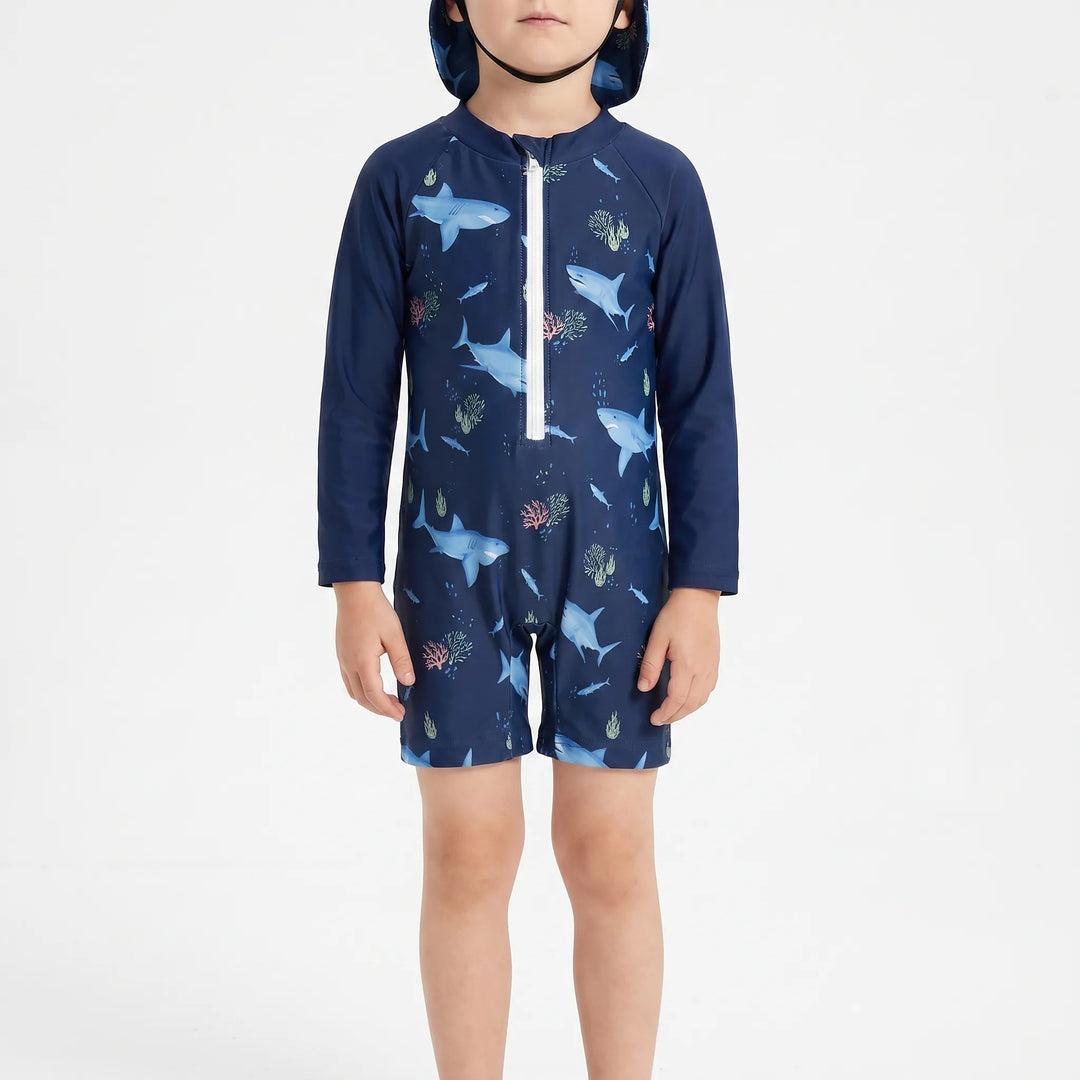 Adorable toddler long sleeve swim set and flap hat, perfect for a stylish and sun-safe summer adventure.