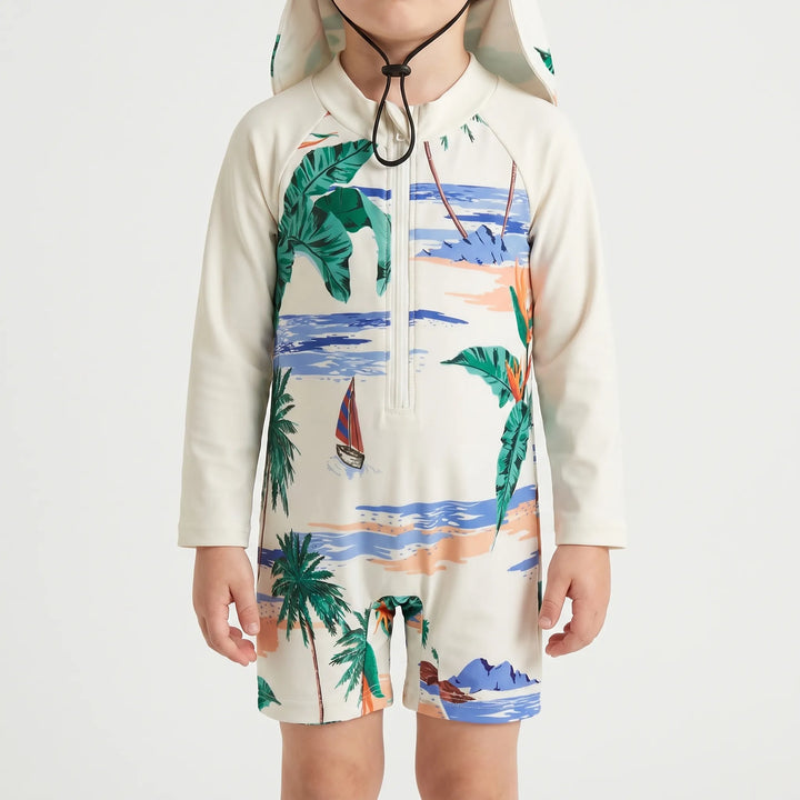 Front view of a toddler long sleeve swim set with matching flap hat, designed for sun protection & play.