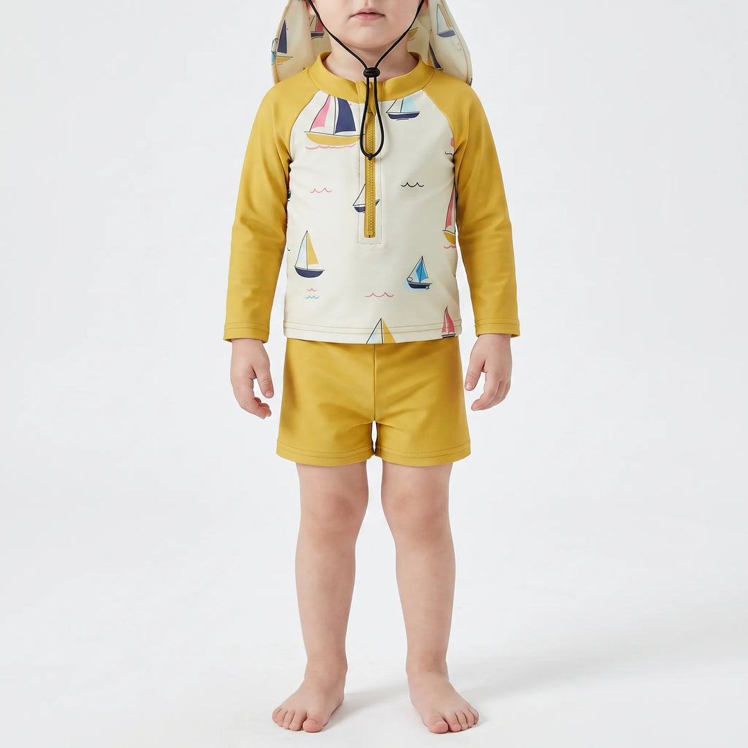 Kids' blue 3-piece sun protection swimwear set with rash guard, shorts, and hat, perfect for beach summer fun.