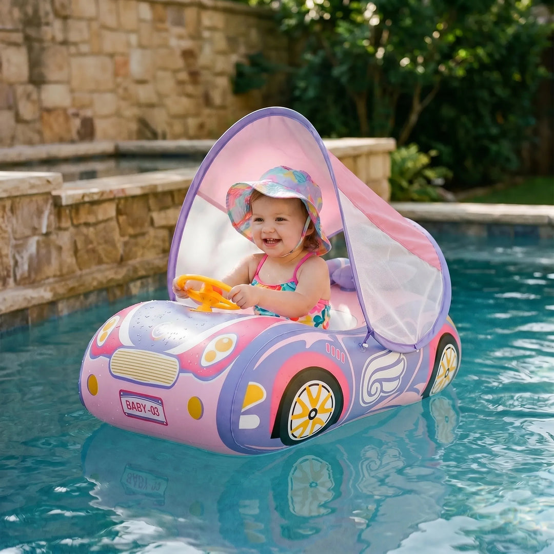 Toddler's inflatable car pool float with sun canopy for safe summer water fun.