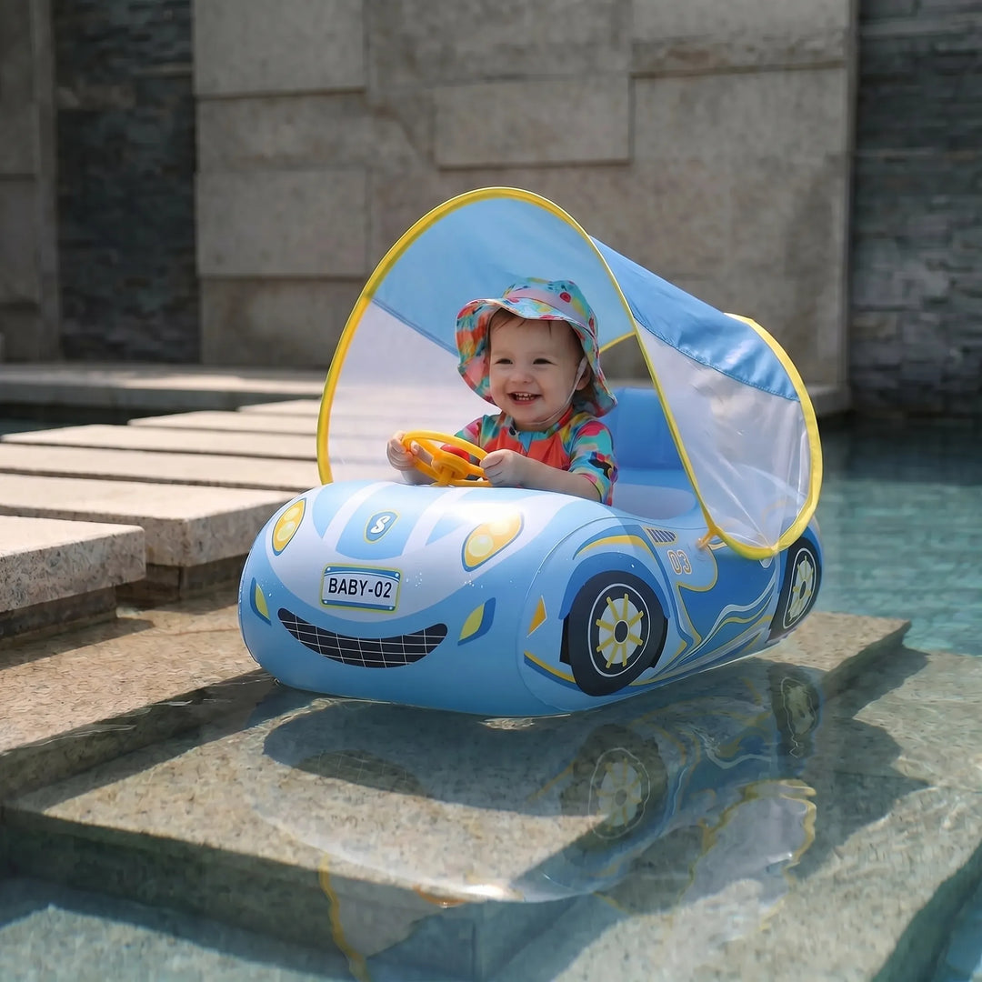 Baby swim float: Inflatable car pool toy with sun canopy for infant water activity.