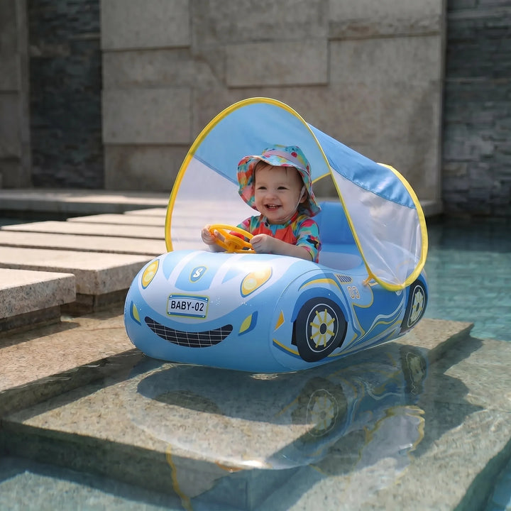 Baby swim float: Inflatable car pool toy with sun canopy for infant water activity.