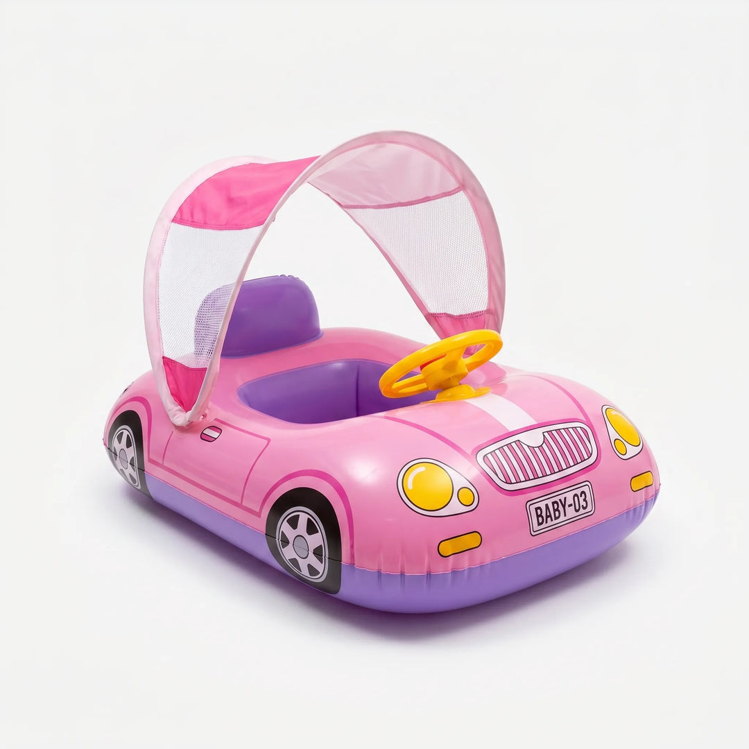Kids pool float: Inflatable car with sun canopy for secure toddler swimming aid & outdoor play.