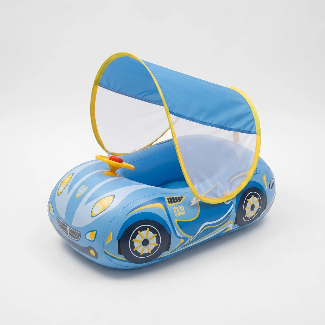 Child's inflatable car pool float with sun canopy, perfect for summer water activity & shade.