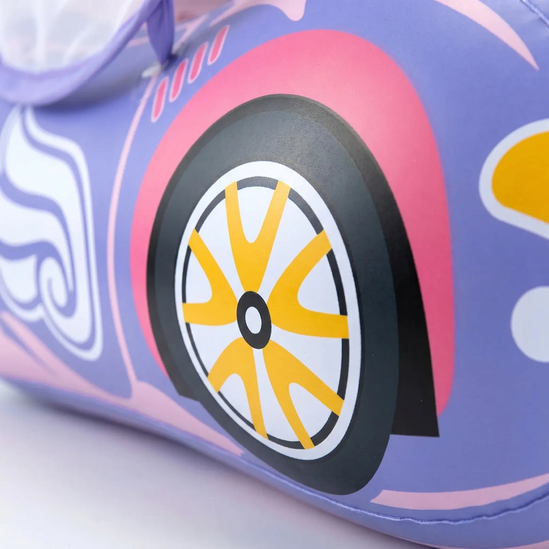 Vibrant inflatable car pool float for toddlers, featuring a protective sun canopy for safe play.