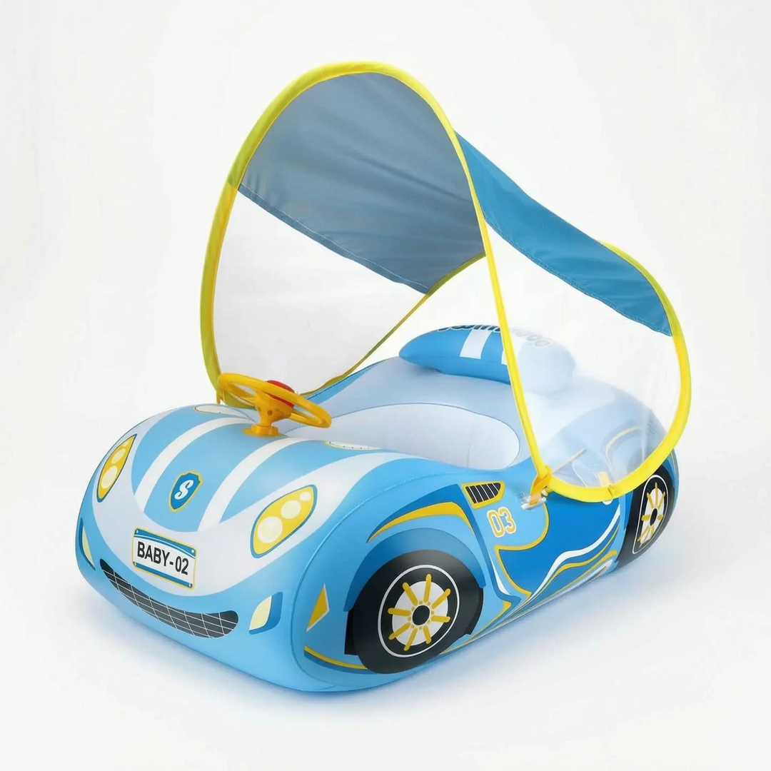 Toddler swim aid: Inflatable car pool float with sun canopy for safe baby water activity in the pool.