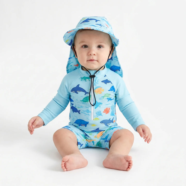 Ocean print long-sleeve swim romper & matching hat for toddlers. Unisex design, great for sun protection.