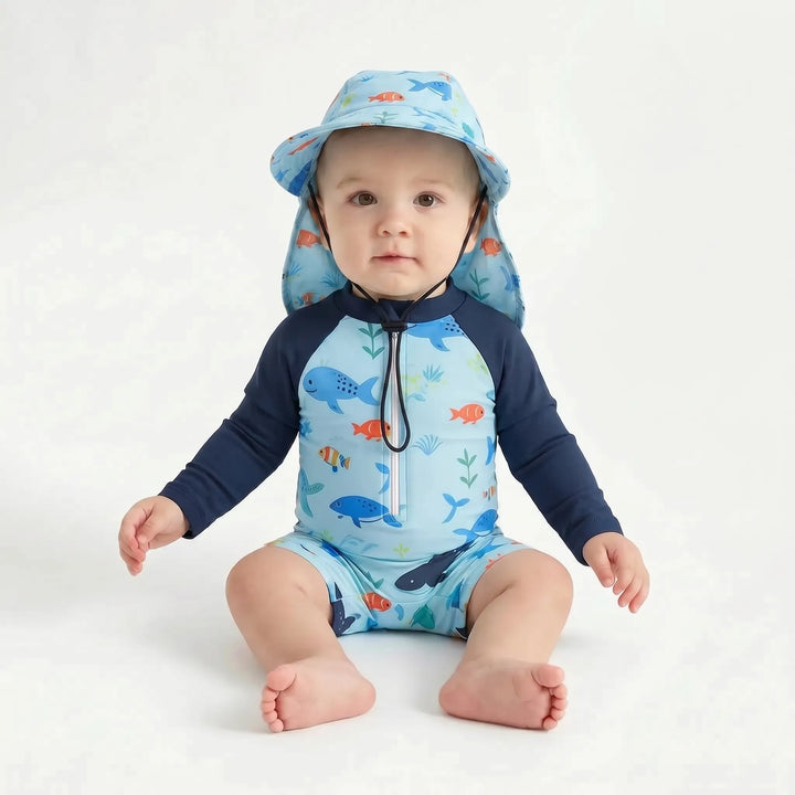 Unisex toddler long-sleeve swim romper & hat set with vibrant ocean print for ultimate sun protection.