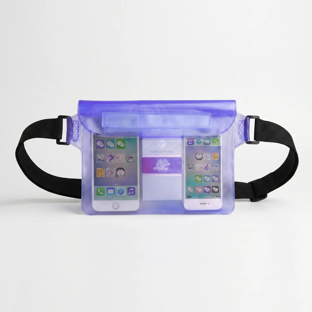 Translucent waterproof fanny pack with adjustable strap. Keeps essentials dry for beach & water sports.