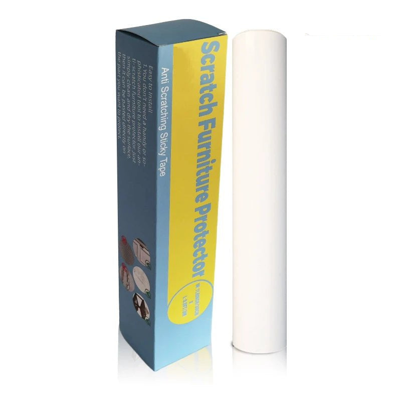 Transparent anti-scratch cat furniture protector tape, safeguarding sofa from pet claws, clear deterrent shield.