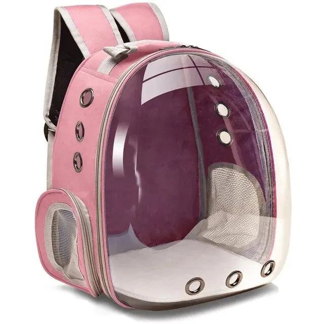 Modern transparent pet backpack for small cats & puppies. Offers panoramic views & breathability.