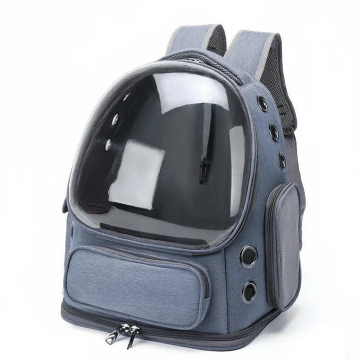 Transparent pet travel backpack for cat or small dog, breathable oxford fabric, portable carrier.