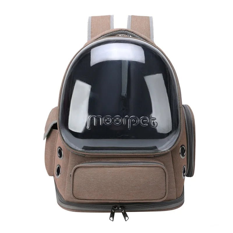 Oxford pet travel backpack, transparent sphere allows pet to see outside, breathable fabric.