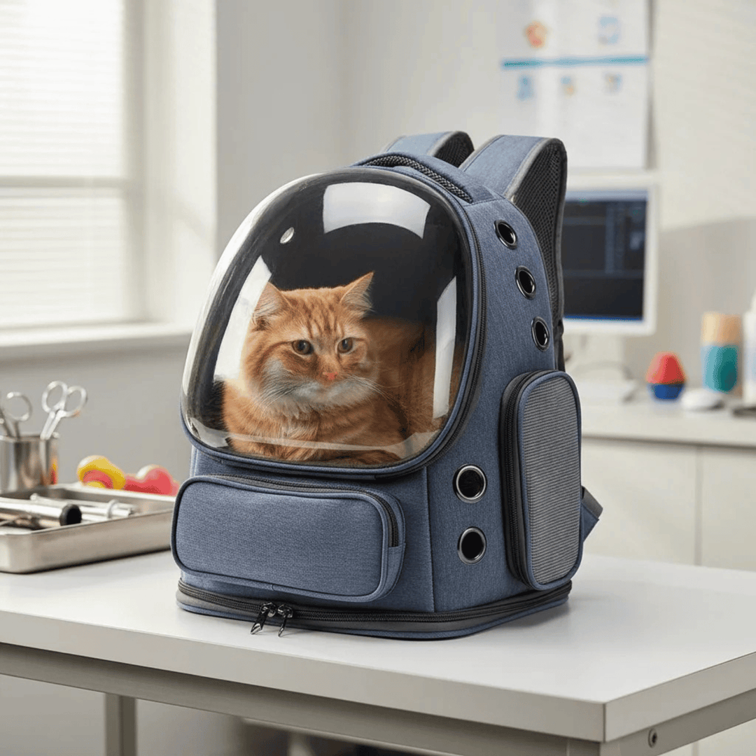 Unisex pet carrier backpack with front-facing transparent bubble for pet visibility, breathable design.